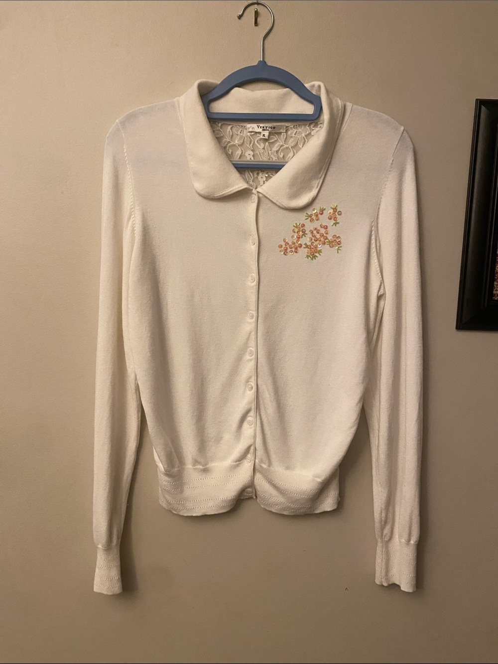 Vintage Vertigo Paris Cream Cardigan with Pink & Orange Floral lace detail